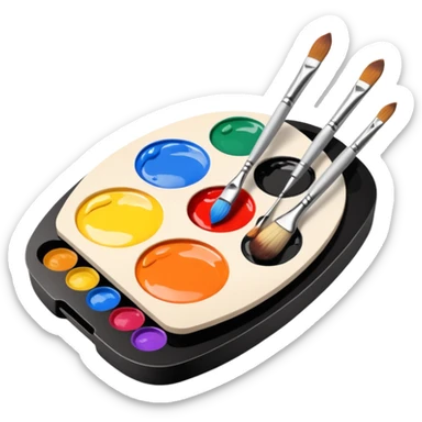 A palette of paints for the artist in the aesthetic style of minimalism and next to it three brushes in the same style sticker