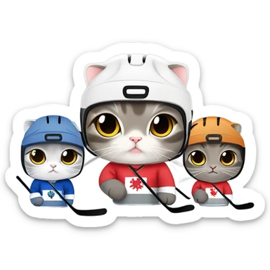 Team of mixed colors Scottish fold cats playing hockey  sticker