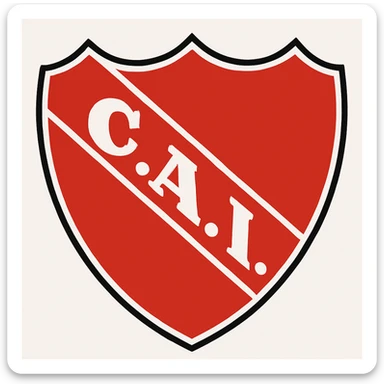 Change the letters 'C.A.I.' inside the white diagonal band to white, keeping the black dots between the letters. Maintain the classic soccer shield style with a three-pointed top, rounded base, white outline, and intense red background. The letters should remain bold, simple, and legible, centered in the band, with no background added. sticker