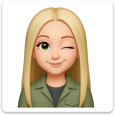 Make the winking girl have longer straight blonde hair with a middle part, bigger eyelashes, and a grey shirt under her sage green jacket. Maintain the original style and details. sticker