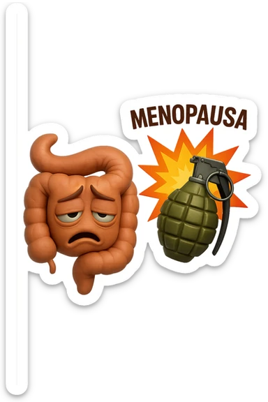 EMOJI STILE IPHONE 3D DI INTESTINO SFINITO CON ESPRESSIONE STANCA, ACCANTO A LUI SCOPPIA UNA GRANATA 3D CON LA SCRITTA "MENOPAUSA" SOPRA sticker