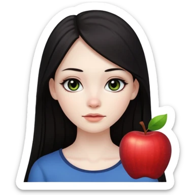 девушка с очень бледной кожей, темными длинными прямыми волосами без челки и черными макияжем глаз в стиле Apple avatar  sticker