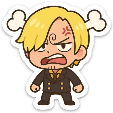 Sanji from One Piece, chibi style, mad face, big head, small body, curly eyebrow, blond hair, black suit, steam coming from head sticker