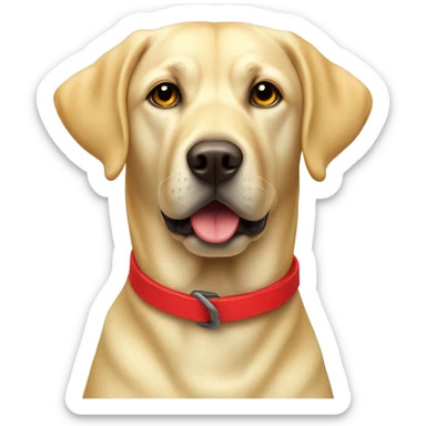 A yellow labrador head, with a red collar sticker