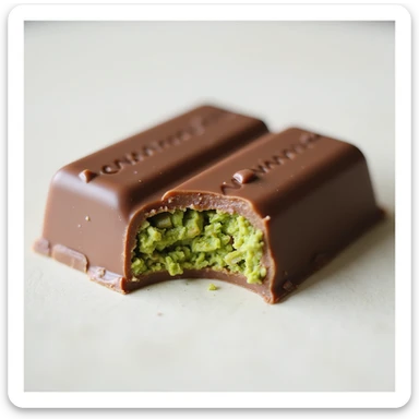realistic chocolate bar shaped like the viral Dubai chocolate, with a bite taken out of one corner revealing a vibrant green pistachio kataifi filling (shredded pastry and pistachio) inside, on a clean background sticker