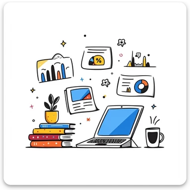 Academic research illustration showing a desktop with laptop, stacked reference books, coffee mug, and analytical charts and graphs. Hand-drawn colorful doodle with blue screen, vibrant book covers, and colorful data visualizations. sticker