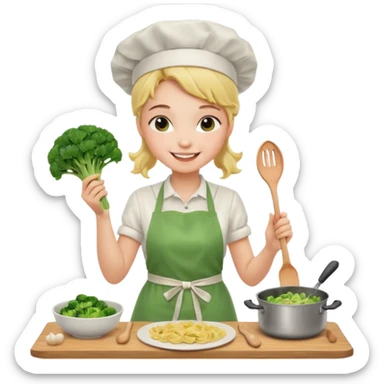 Girl cooking pasta for the first time with broccoli sticker