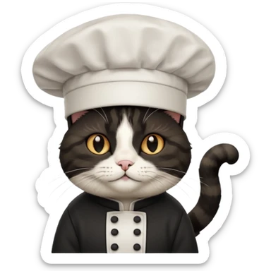 fluffy black chef cat wearing a tall white chef hat sticker
