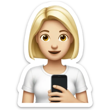 a girl with fair skin is holding a mobile phone in her hands, wearing a white T-shirt sticker