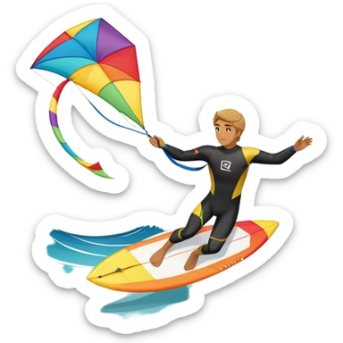 The scene captures the energy and freedom of the sport, with the sun shining and the ocean's waves splashing around. A kite surfer gliding across the ocean, with a colorful kite soaring high in the sky and the surfer carving through the waves.  sticker