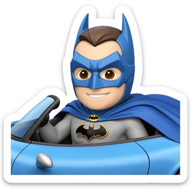 Create a 3D emoji-style image of Batman sitting in a blue Porsche. Batman should be slightly larger than the Porsche, wearing his iconic mask and cape, and smiling. no background sticker