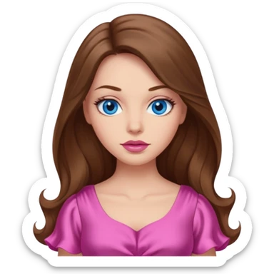 A woman has beige skin, long brown hair, blue eyes, plumb lips, she wears pink dress  sticker