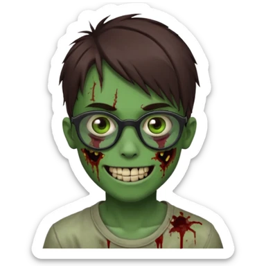 Zombie emo boy, green skin and brown hair and brown eyes, black glasses and a scary smile with a cut on the side, scars and blood under eyes sticker