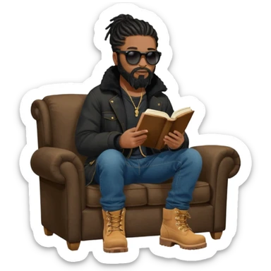 African American man with shoulder length black dreadlocks with black beard wearing black sunglasses wearing a black bubble winter coat wearing denim skinny jeans wearing wheat timberland boots reading the bible sticker