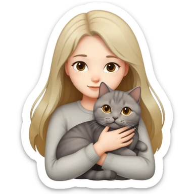 A long-haired girl hugs a British shorthair cat with a brown gradient to light yellow color sticker