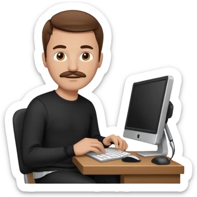  man with mustache, brown hair, 33years old, shirt, high temple Black pullover with a white shirt underneath and black fabric trousers work with couputer sticker