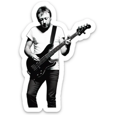 photo realistic, full body, Peter Hook from Joy Division, in 1979, playing, Yamaha black bass guitar, standing up, front view sticker