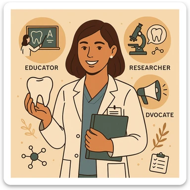 dental hygienist combining educator, researcher, and advocate roles, surrounded by symbols of teaching, research, and advocacy sticker