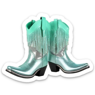 Realistic silver and mint green ombre pair of fashion cowgirl boots with sparkly shiny glitter fringe on them. sticker