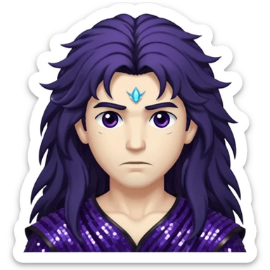Boreas, God of North Wind from Gods and Goddesses with long black shaggy hair, dark purple sequin outfit sticker