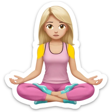 Create a young woman with long blonde hair, golden eyes, and medium-light skin tone, wearing a light pink tank top and leggings. She should be sitting cross-legged in a calm pose, but with a subtle doubting or skeptical facial expression—slightly raised eyebrow, small frown, or pursed lips.  sticker