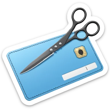 Floating black Scissors cutting a light blue military ID card in 2 parts .hyper realistic sticker