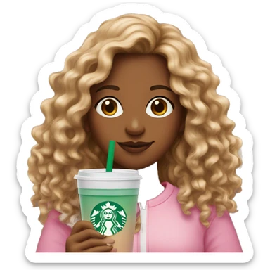 girl with brown and blonde ombré long curly hair holding Pink starbucks refresher sticker