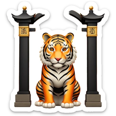Traditional Chinese ink painting style emoji. A powerful tiger (like the ancient character 虎), standing guard in front of mystical gates (門). Energy swirls around him like a vortex (🌀). Minimalist, transparent background, 512x512 pixels. sticker