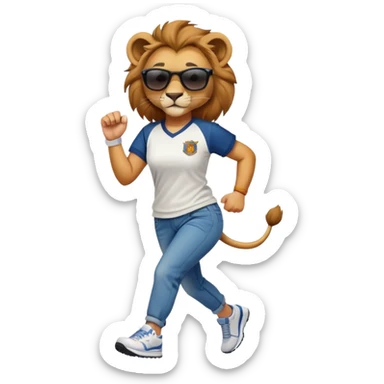 confident female lion jogging upright wearing baseball shirt, jeans, trainers, dark sunglasses, friendly expression sticker