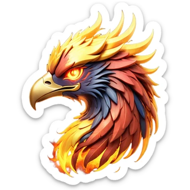 Cinematic Battle-Hardened Mystical Fire Phoenix Portrait Emoji, head bowed slightly in a moment of raw resilience, revealing a form etched with the wear of relentless conflict. Ragged, scorched plumage and half-closed, determined eyes speak to battles fought and won. Rendered with authentic detail and dramatic natural light that accentuates every scar and burn, high shine, this portrayal blends vulnerability with hardened strength, outlined in a soft glow that captures the essence of a phoenix tempered by the fires of combat. sticker