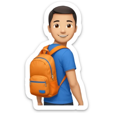 an asian man in blue t-shirt with orange backpack on the back. Eiffel tower on the background. shoulder length picture sticker