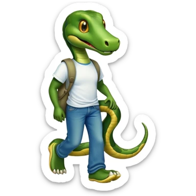 friendly anthropomorphised snake in jeans and a t-shirt, walking with a smile sticker