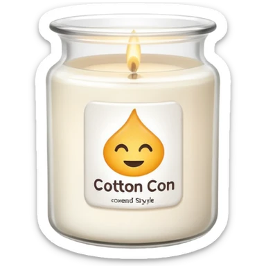 minimal flat emoji of a white scented candle in a glossy white glass jar with the label “cotton”, soft warm glow, clean vector style, elegant and modern, transparent background sticker