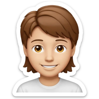 face emoji inspired by a person with short tousled brown hair, smiling, light skin, wearing a white shirt sticker