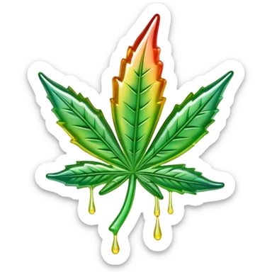 colorful shiny gusher gummy shaped like a cannabis leaf with dripping liquid effect sticker