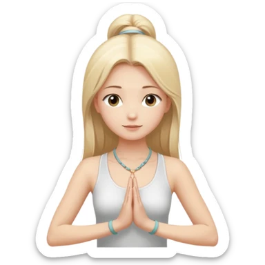 "Cartoon emoji of a girl with long, straight blonde hair, fair skin, soft brown eyes. Wearing a white top with a delicate necklace, serene expression, calm and peaceful. Smooth, simple, stylized." she is doing yoga sticker
