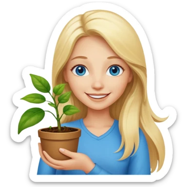 Happy Woman with long blonde hair and blue eyes holding happy plant sticker