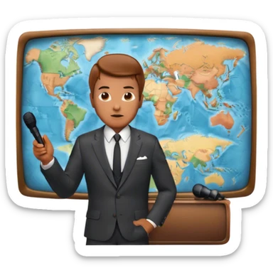 Icon for Documentary Film (TV style): A large vintage TV screen with a serious-looking host standing in front of a map. The host holds a microphone, and the map displays historical or geographical information. Retro TV broadcast style. Transparent background. sticker