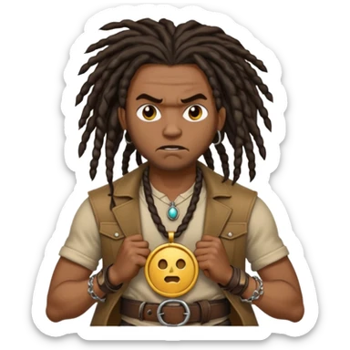 a angry black man with dreads and a circle pendant chain to the side slanging back and forth a belt sticker