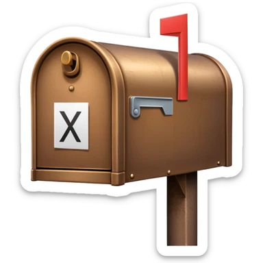 A brown mailbox next to a white letter sticker