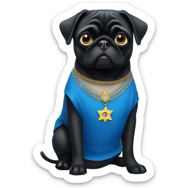 Black pug in a blue dress with a Jewish star on the dress sticker
