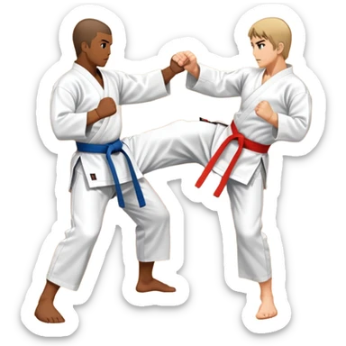An icon symbolizing traditional Karate, showing two opponents engaged in a sparring match. One is about to deliver a powerful punch, while the other is in a defensive stance. The background includes elements like a dojo and wooden floor. Transparent background sticker