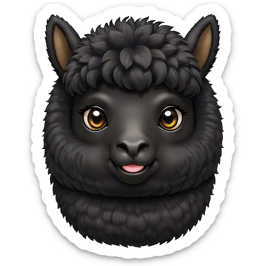 Cinematic Cute Black Alpaca Portrait Emoji, Head tilted playfully and inquisitively, featuring a plush, shiny jet-black fleece with a lustrous sheen, round, sparkling dark eyes filled with curiosity, Simplified yet irresistibly adorable features, highly detailed, glowing with a warm, friendly glow, high shine, affectionate and gentle, stylized with a touch of whimsy, bright and endearing, soft glowing outline, capturing the essence of a mischievous yet loving alpaca, so playful it feels like it could prance out of the screen and into your arms! sticker