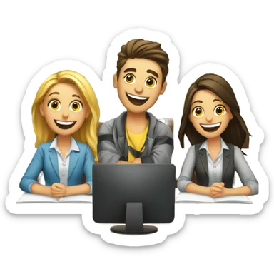 3 European students sitting at desk. They are laughing at lesson sticker