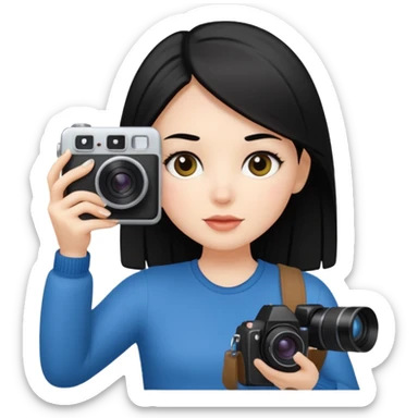 White girl, straight black hair holding a camara and taking pictures sticker