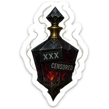 luxurious crystal elixir bottle with edgy forbidden elixir vibe, bottle has censored words or labels like 'XXX' and 'CENSORED', dark colors, lots of glowing, edges, ornaments, golden details, magical effects, very small golden neck, transparent background, beautiful seamless bottom, bottle clearly floating in air, no base or shadow, premium class impression, edgy and mysterious design fitting a collection of crystal, luxurious, magical bottles sticker