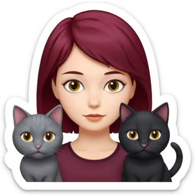 femme au cheveux court bordeau avec chat poils longs gris et chat poils ras noirs sticker
