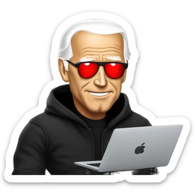joe biden in a black hoodie with bright red glowing laser eyes typing on a macbook, joe biden sticker