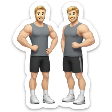 Full height Actively gesturing with hands Pale skinned Fit Man With the biceps and light brown hair with Bristle in dark gray Sleeveless Mike, black oversize sports shorts and white Sneakers sticker