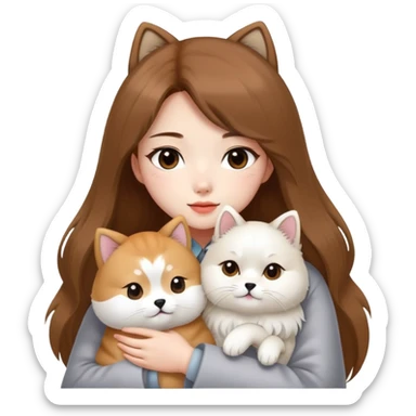 A Chinese fashion pretty girl with brown hair, wearing a light gray fur coat, hugging a Shiba Inu and a long-haired white Persian cat. sticker